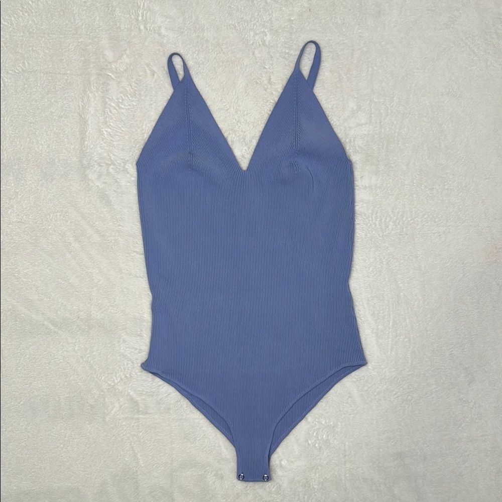 Zara Ribbed Knit Bodysuit Women’s Large Blue Stretch Fitted